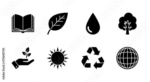 Eco-friendly icons set featuring nature, sustainability, and conservation symbols in black silhouette style