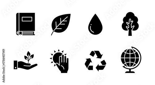 Eco-friendly icons: sustainability, nature, and education symbols in black silhouette