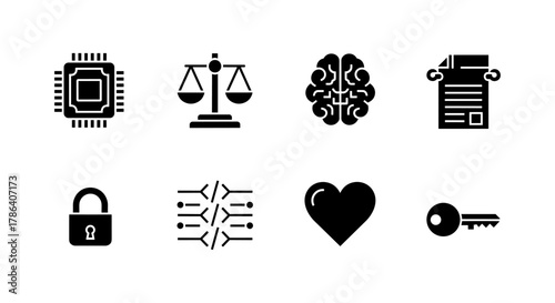 Set of minimal icons: technology, law, brain, contract, security, network, heart, key