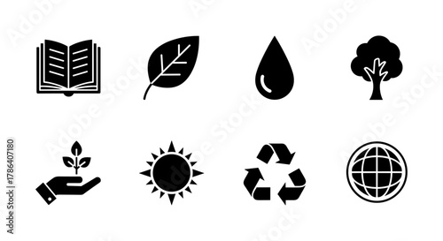 Eco-friendly icons set featuring silhouette nature and sustainability symbols