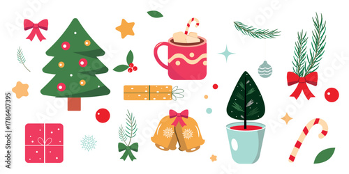New year and Christmas cute color set. Christmas tree, jingle bells, candy, star, branch. Element for greeting celebration web design. Vector illustration