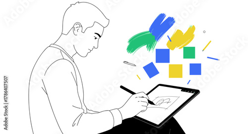 Digital artist sketching with tablet and colorful abstract elements in minimalist style