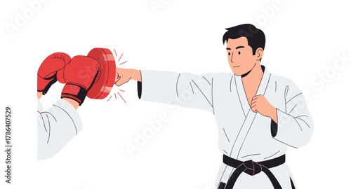 Martial arts training with karate practitioner punching boxing pad in dynamic action
