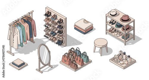 Isometric closet and dressing room essentials with clothing, shoes, and accessories
