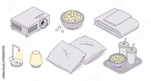 Cozy movie night essentials with projector, popcorn, and comfort items