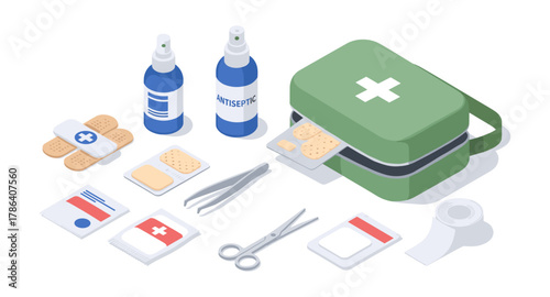 Isometric first aid kit with medical supplies on white background