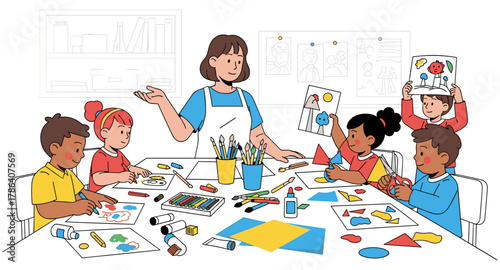 Children engaged in creative art class activities with teacher guidance