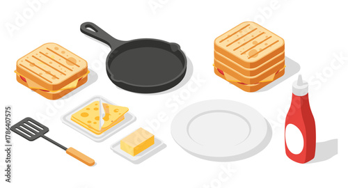 Isometric breakfast setup with sandwiches, skillet, and condiments