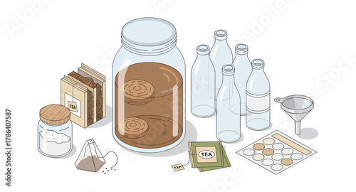 Kombucha brewing essentials with fermentation jar and bottles in isometric style