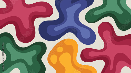 Vibrant abstract shapes in warm and cool tones create a dynamic, modern, and playful background perfect for creative projects and design.