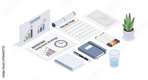 Isometric office desk with business charts and planning tools