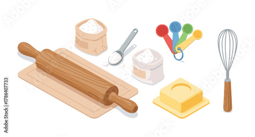 Baking tools and ingredients isometric set with rolling pin, measuring spoons, and flour bags