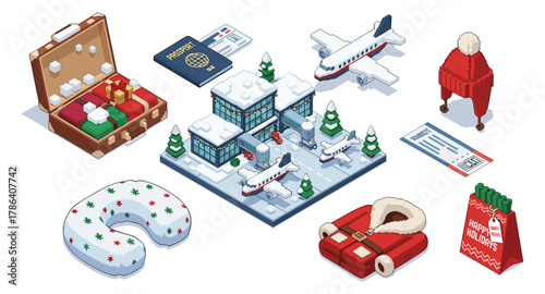 Winter holiday travel essentials in isometric design with snow-covered airport