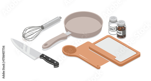 Kitchen utensils set in modern isometric design for cooking enthusiasts