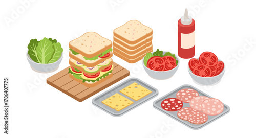 Isometric sandwich preparation with ingredients and toppings on display