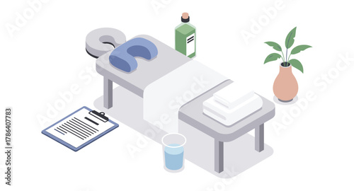 Isometric spa treatment room with massage table and relaxation essentials