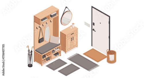 Modern isometric entryway with wooden furniture and decor elements in neutral tones