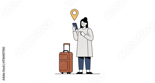 Traveler with luggage checking location on mobile map