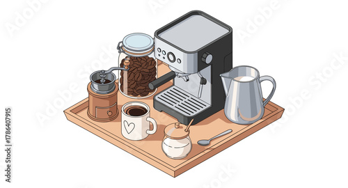 Isometric coffee maker set with grinder, cup, and accessories on wooden tray