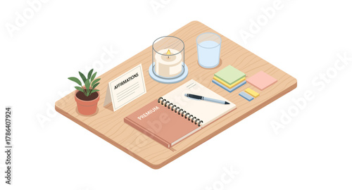 Isometric desk with notebook, candle, and affirmations for productivity and inspiration