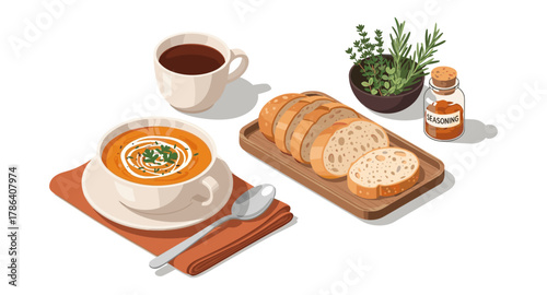 Cozy autumn meal with pumpkin soup, tea, and fresh herbs
