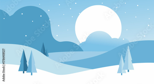 Winter landscape illustration with snowy hills, trees, and bright sun