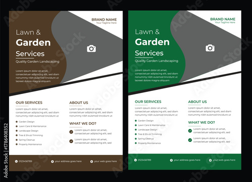 lawn & garden flyer design template landscaping services Tree and gardening service poster leaflet design. lawnmower flyer. Lawn care social media post promotion template design 
