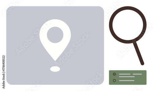 Location pin on map, magnifying glass, and data card symbolize navigation, discovery, search results, research, user interface, data organization, and clarity in a simple flat metaphor