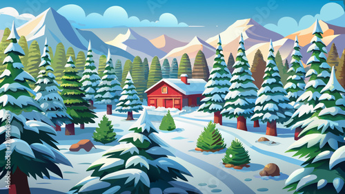 Very beautiful Christmas pine tree farm blanketed in white snow amidst lush fir trees during the winter season, featuring soft natural light, gentle shadows, and a realistic serene holiday landscape.