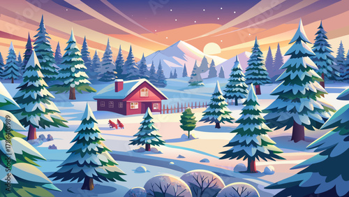Very beautiful Christmas pine tree farm blanketed in white snow amidst lush fir trees during the winter season, featuring soft natural light, gentle shadows, and a realistic serene holiday landscape.