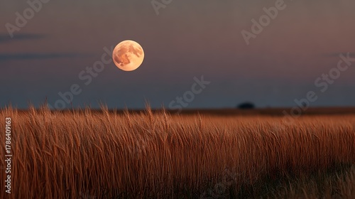 Full moon rises over golden wheat field at dusk, creating a serene landscape in the countryside