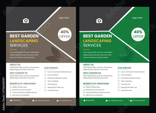 lawn & garden flyer design template landscaping services Tree and gardening service poster leaflet design. lawnmower flyer. Lawn care social media post promotion template Lawn and gardening service fl