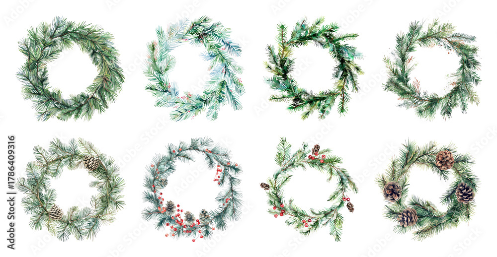 Obraz premium PNG Festive evergreen wreath collection, element set on transparent background