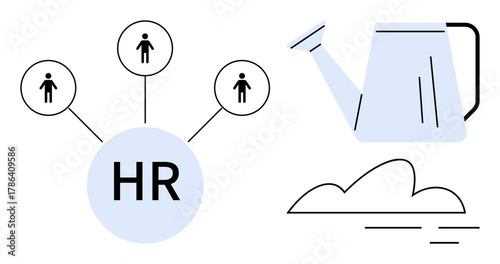 HR circle connected to people icons symbolizing staff relations and a watering can representing growth next to a cloud. Ideal for HR strategy, teamwork, employee care, growth, nurturing, recruitment