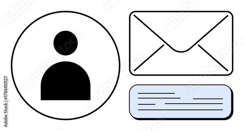 User avatar in a circle, envelope for email, and text message outline for communication. Ideal for contact, user identification, email, messaging, networking, digital interaction simple flat