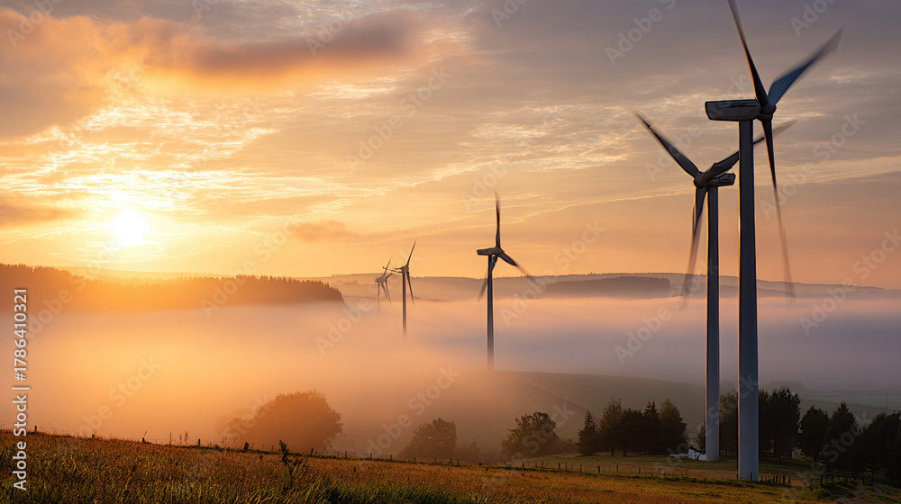 Fototapeta premium Wind turbines emerging from morning mist near peaceful village, sustainable energy, serene landscape, balanced composition, eco-friendly concept, calm stock image