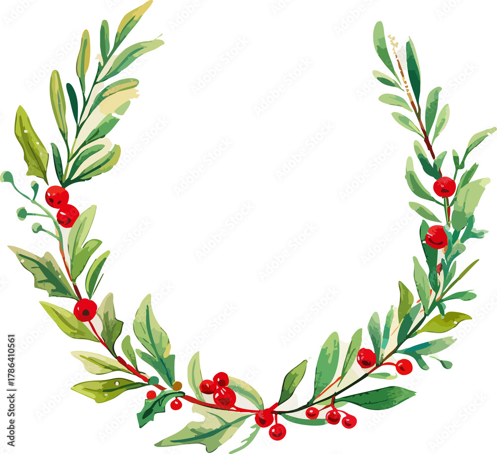 Naklejka premium Festive watercolor Christmas wreath in a half-circle shape, decorated with green leaves, red berries