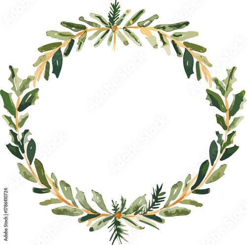 Minimalist circular Christmas wreath made of green leaves and pine branches with golden accents, perfect for elegant holiday designs.