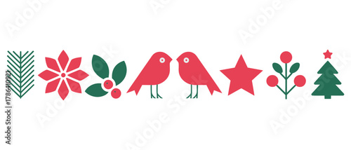 A row of festive Christmas icons including birds, poinsettias, and a tree.