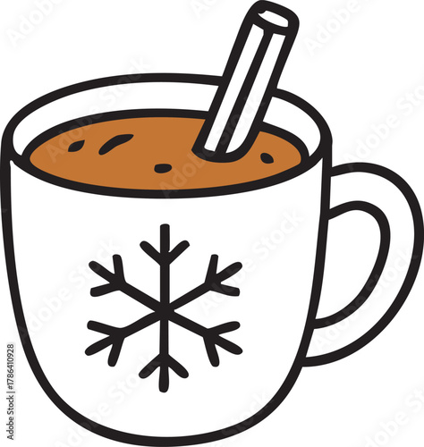 Cute cartoon mug of hot chocolate with a cinnamon stick and snowflake decoration, perfect for cozy winter and Christmas designs.