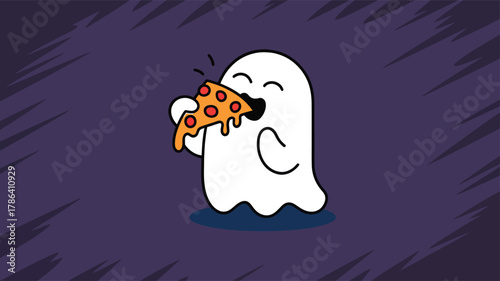 cute happy ghost eating cheesy pizza slice Vector illustration
