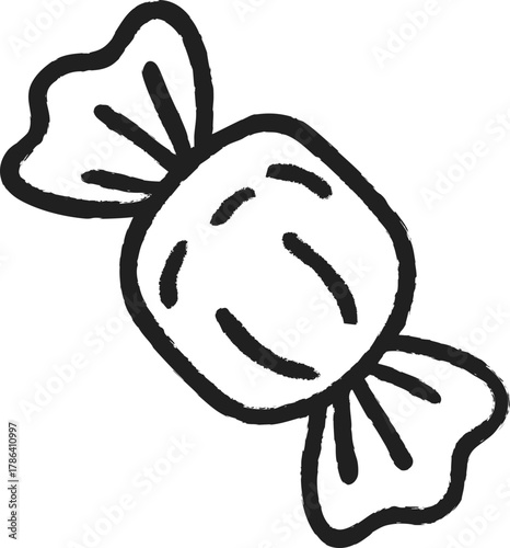Simple hand-drawn outline of a wrapped candy, illustrated in a playful festive doodle style for holiday or sweet-themed designs.