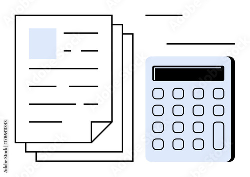 Stacked papers beside a calculator, suggesting finance, accounting, or budgeting. Ideal for business, education, analysis, finance management taxes office tools and organization. Clean simple