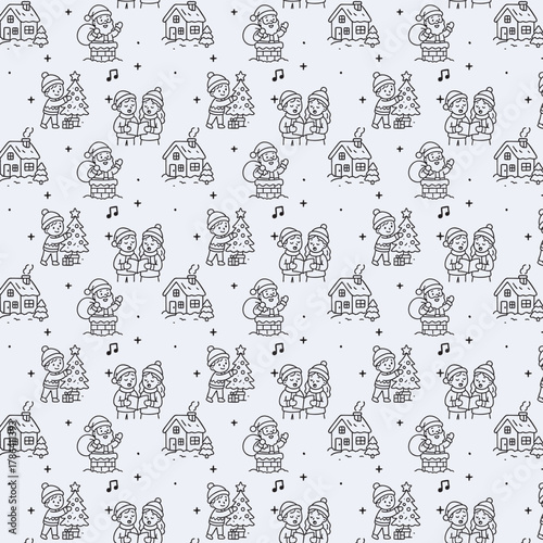 Cute black outline illustration of Santa Claus holding a gift sack while standing in a brick chimney, waving cheerfully in a festive Christmas scene.