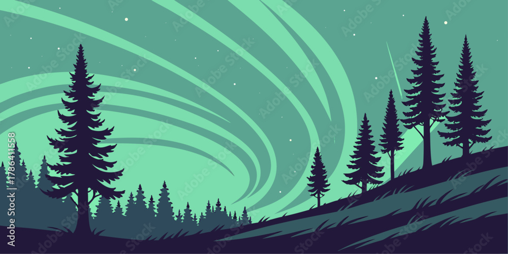 Obraz premium Silhouette of Pine Forest Under Aurora Borealis