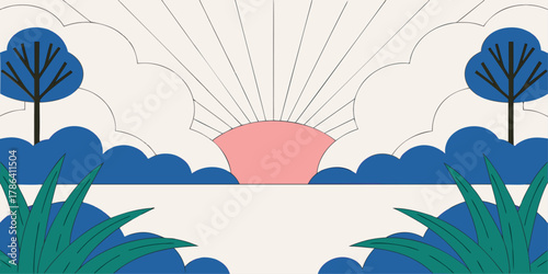 Abstract Sunrise or Sunset with Stylized Trees and Clouds