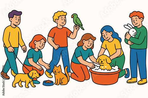 Diverse group of children happily interacting with various domestic pets in a playful setting