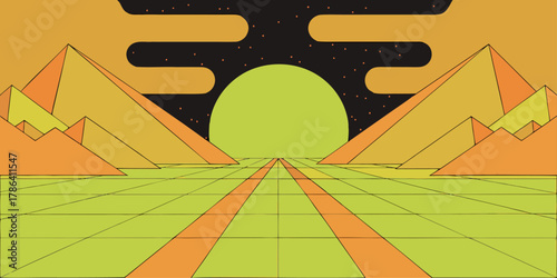 Retro Sci- Fi Landscape with Pyramids and Grid Floor