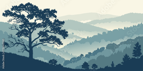 Silhouette of a Large Tree Against Misty Mountain Layers
