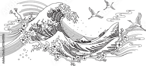 Traditional Asian Ink Style Illustration with Cherry Blossoms